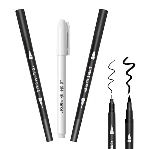 Edible Markers 3Pcs Black & White Food Coloring Pens – Double-Sided Fine & Thick Tips Edible Food Pens for Cookie Decorating, Fondant, Cakes, Desserts, Easter Eggs