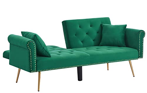 Anwick Modern Velvet 2 In 1 Futon Sofa Bed,Convertible Folding Sleeper Bed Couches With 2 Pillows,73" Tufted Recliner Love Seat With Golden Chrome Legs For Living Room Apartment Office (Green) #TOP7