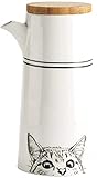 TONZN Botella de vinagre antifugas, diseño de Gato Blanco de Mesa Dispensador de vinagre de Salsa de Soja de cerámica Dibujado a Mano con Tapa de Botella de Madera (500 ml)