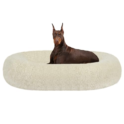 HMTOPE Cuccia ortopedica per cani rotonda, cuscino per cani e gatti, a ciambella, morbida, lavabile, diametro 120 cm, beige