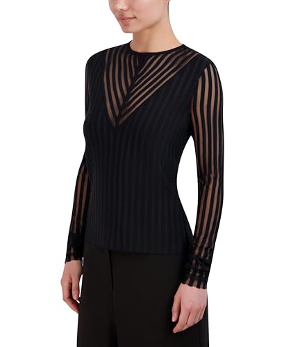 Image of BCBGMAXAZRIA Women's Pullover Crew Neck Sheer Stripe Plunge V Sweater Top