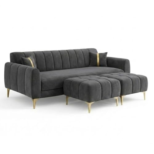 Image of Hermione 5 Seater L Shape Sofa Set with 2 Movable Ottoman | Flexible Left or Right Layout | Luxe Velvet Suede Fabric | Comfortable Seating | Modern Sofa for Living Room - Dark Gray
