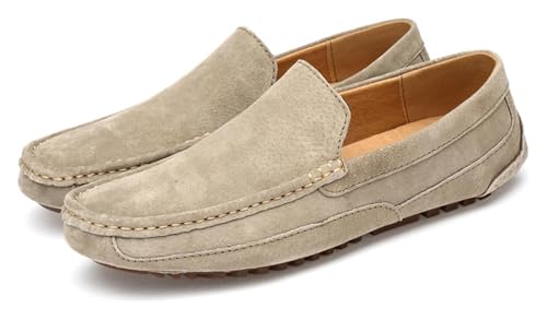 Men's Handmade Suede Slip-On Loafers Fashionable Round Wide Toe Non-Slip Casual Formal Boat Shoes Work Driving Casual Penny Loafers for Men
