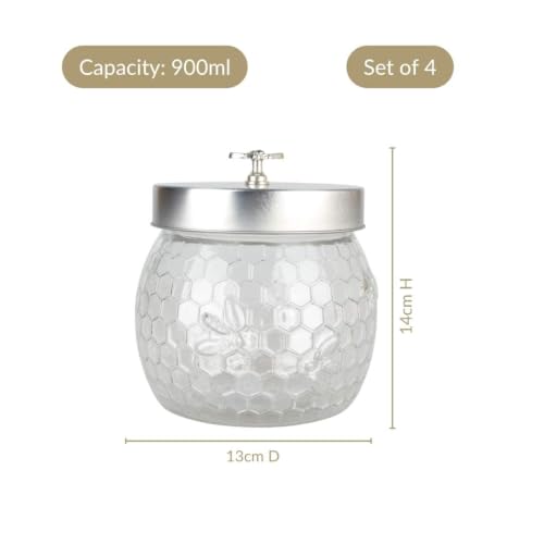 Image of Nestasia Set of 4 Glass Jars with Metal Lid (900ml Each) | Airtight Durable & 100% Food Safe Glass Container for Kitchen Storage - Ideal for Pickle, Dry Fruits, Pulses & Snacks (Honeycomb Design)