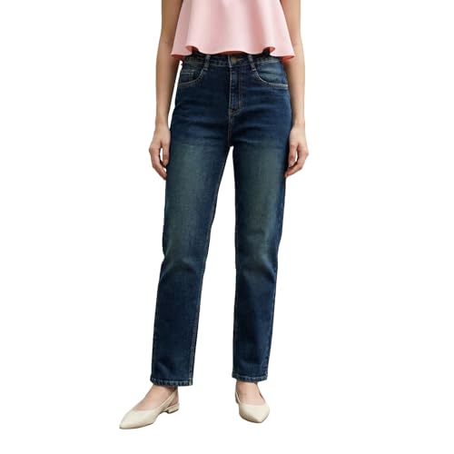 Image of Urbano Fashion Women's High Rise Straight Fit Washed Jeans Non-Stretchable