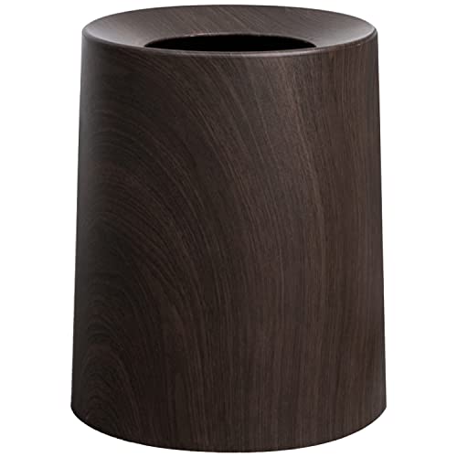 Image of Spill Proof Kids Pet Friendly Garbage Can - Dark Walnut Wood Color Trash Bin - Top Indoor Outdoor Office Bedroom Bathroom - 3.2Gal - Patio Bar Loft Den - Round Designer Waste Basket - 10inx10inx12in