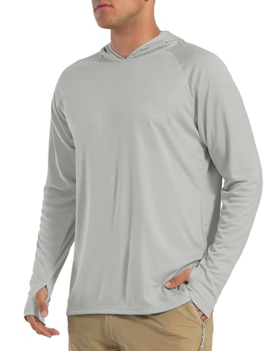 EKLENTSON Men's Hoodies UPF 50+ Sun Protection Hooded T Shirts Thumb Holes Long Sleeve Quick Dry Lightweight Hoodies Thin Sports Tops Grey,2XL