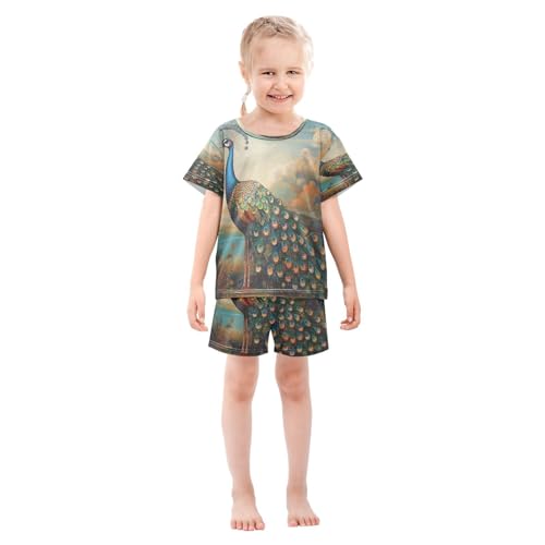 ALAZA Peacock Artwork Bird Pajamas Set Short Sleeve Cotton Sleepwear Summer Pjs 2 Piece 5-14Y3