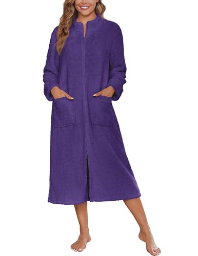 Image of Ekouaer Women Zipper Robe Fleece Long Sleeves Bathrobe Sleepwear Warm Soft Housecoat with Pockets Zip Up House Dresses