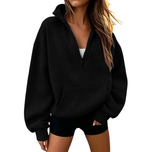Image of HOT1950s Black Womens Half Zip Sweatshirt Solid Casual 1/4 Zip Pullover Tops Autumn Winter Cosy Jumpers Ladies Sweaters Quarter-Zip Fleece Sweatshirt with Pockets Casual Long Sleeve Top Size M