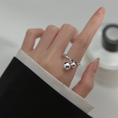 Cute Ball Bell 925 Sterling Silver Adjustable Open Ring for Women Girls Expandable Boho Geometric Round Statement Finger Rings Comfort Fit Dainty Charms Dangle Jewelry Christmas BFF Gift2