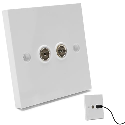TV Aerial Socket Plate,Double FM Coaxial Satellite Wall Socket Cable Faceplate Outlet Cover for Television Radio Connections Dual 2 Gang White