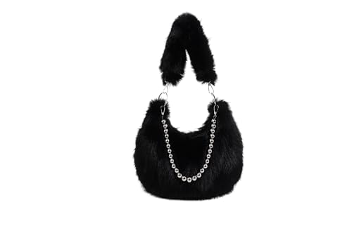 Faux Fur Hobo Bag with Beaded Handle, Pink