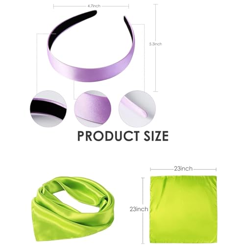 Generic XHBTS Costume Women Purple 1 Inch Wide Satin Headband and Green Silk Square Scarf Pure Color Head Scarf for Cosplay Party Set2