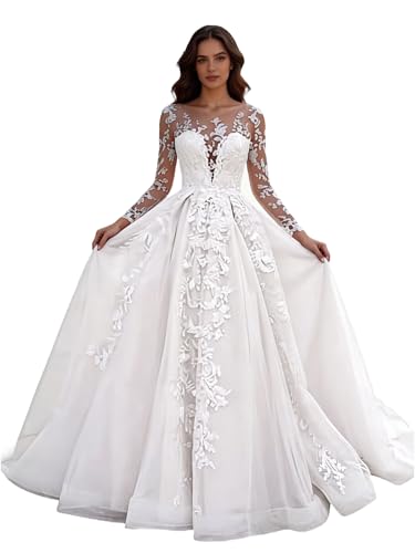 Luovihkra Lace Appliques Tulle Wedding Dress for Bride Long Sleeve A Line Bridal Dresses with Train Illusion Neckline Bridal Gown Size 16 J White