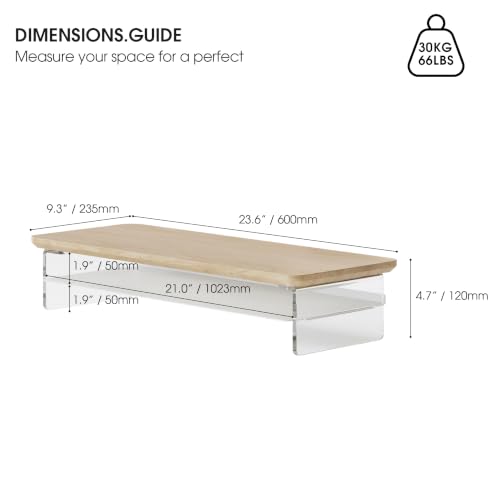 Image of Fenge 23.6 inch Monitor Stand with Clear Acrylic Legs, Oak | Clear acrylic, storage compartment, 2-tier home office monitor riser, wide large desktop shelf fit monitor /laptop /printer