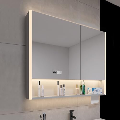GAONUDAN Botiquín de baño con Espejo y Luces,Espejo de baño LED con Almacenamiento,Luz de Tres Colores,Espejo de tocador de baño con antivaho,Gabinete de Espejo inteligenteVisualización de Tiempo y t