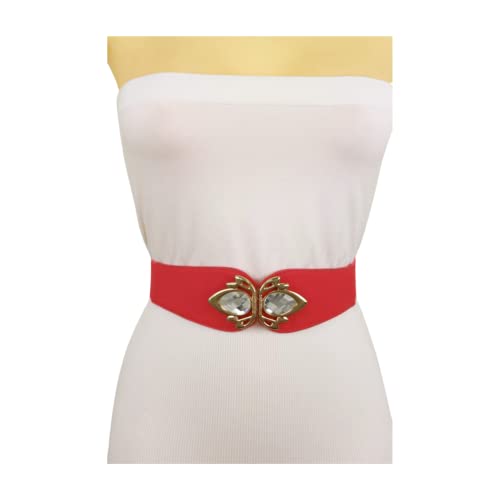 Women Fashion Belt Hip High Waist Elastic Stretch Waistband Metal Bling Buckle S M Coral Color4