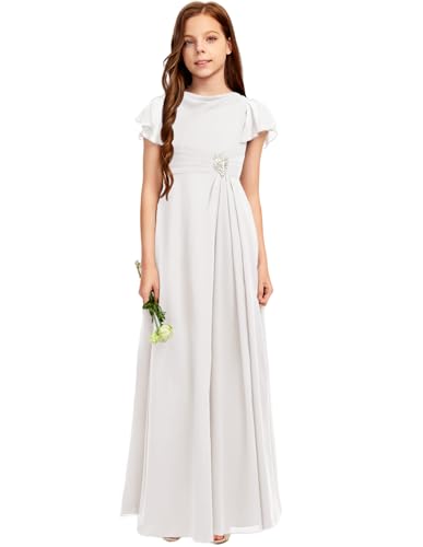 A-line Scoop Floor-Length Chiffon Junior Bridesmaid Dress with Rhinestone Flower Girl Dress for Teen Girls Wedding