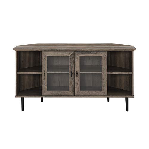 Walker Edison Modern Wood Corner Universal Tv Stand With Open Shelves Glass Cabinet Doors Storage For Tv's Up To 55" Flat Screen Living Room Storage Entertainment Center, 48 Inch, Grey Wash #TOP4