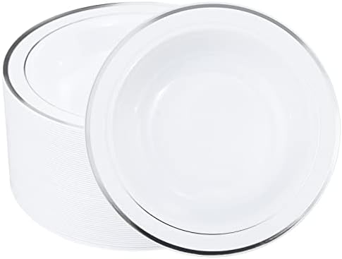 bUCLA 60Pack Silver Plastic Bowls-12oz White and Silver Disposable Soup Bowls - Premium Heavy Duty Plastic Dessert Bowls for Wedding/Party