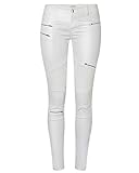 QitunC Damen Kunstleder Hose Leggings Biker Hosen Niedrige Taille PU Coated Stretch Skinny Jeans Weiß 36