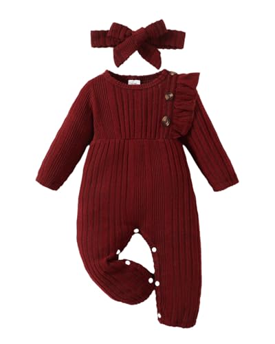 Image of Infant Baby Girl Clothes Newborn Girl Romper Fall Winter Outfit Ruffle Long Sleeve Jumpsuit Romper Cute Baby Girl Outfit