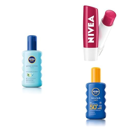 NIVEA SUN Güneş Sonrası Serinletici ve Ferahlatıcı Sprey 200ml + Kiraz Dudak Bakım Kremi (4,8gr) + SPF50 Yüksek Güneş Koruyucu ve Nemlendirici Vücut Spreyi 200ml