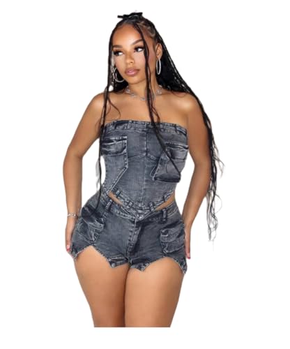 Women's Casual Pants Suit Y2k Summer Clothing Multi-Pocket Tube Top Sexy Top Slit Elastic High Waist Shorts