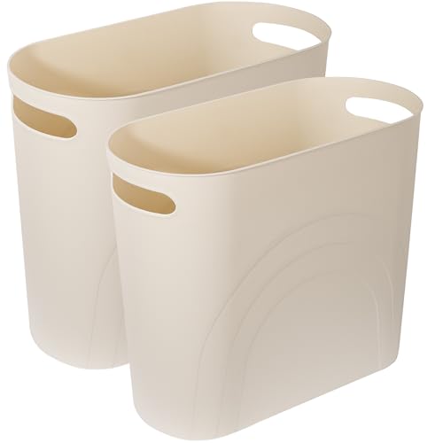 Image of rejomiik Small Trash Can, 3.5 Gallon Slim Garbage Can Plastic Waste Basket with Handles Container Bin for Narrow Spaces Bathroom, Bedroom, Kitchen, Office at Home, 2 Pack Cream