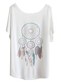 Luna y Margarita - Camiseta para mujer, color blanco, manga de murciélago, con cuello redondo, algodón, mezcla 36, 38, 40, 42, 44, 46, Colgante de pluma*, L