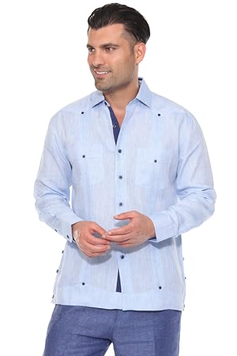 Mojito Men's 100% Linen Guayabera Chacabana Shirt Long Sleeve with Contrast Trim & Modern Pleats