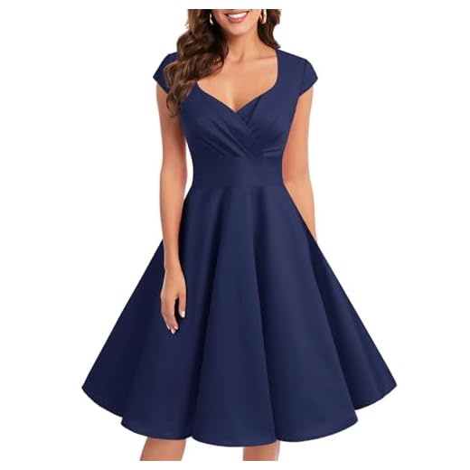 Bbonlinedress Robe Femme de Cocktail Vintage Rockabilly Robe plissée au Genou sans Manches col carré Rétro Navy M