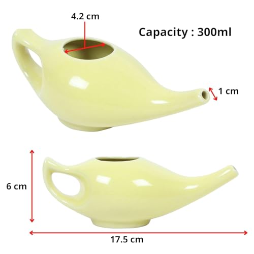 Image of QIMACPLUS Leak-Proof Durable Ceramic Jal Neti Pot | Non-Metallic, Lead-Free, Microwave & Dishwasher Safe with Comfortable Grip | 1 PCS (Yellow - 220 ML)