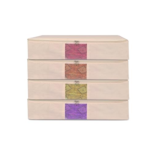 Image of TAKIVA Cotton Canvas Saree Storage Bags (Pack of 4) | Cotton Bags for Clothes Storage | Bags for Storing Clothes and Blankets (Off White)
