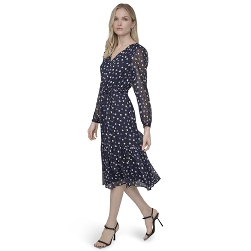 Image of DKNY Women's Long Sleeve V-Neck Tie Waist Midi Dress