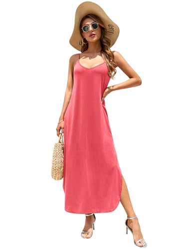 Image of HUSKARY Women's Summer Casual Sleeveless V Neck Strappy Split Loose Dress Beach Cover Up Long Cami Maxi Dresses with Pocket