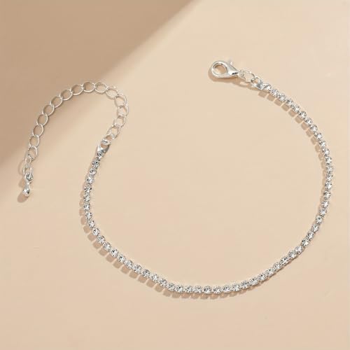 Image of Silver Anklets for Women Shiny Tennis Anklet Silver Adjustable Rhinestone Ankle Bracelets Waterproof Beach Anklets Bracelet for Women Foot Jewelry for Summer