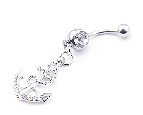 316L Surgical Stainless Steel 14g 7/16 Inch Anchor Crystal Rhinestone Gem Bar Navel Belly Ring + Belly Retainer
