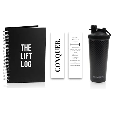 Stainless Steel Protein Shaker Bottle, Insulated Water Bottle with Black Carbon Fiber Wrap & Workout Journal with Bookmark – 6 Month Undated Daily Fitness Journal Cover