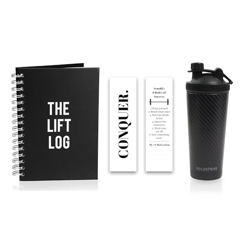 Stainless Steel Protein Shaker Bottle, Insulated Water Bottle with Black Carbon Fiber Wrap & Workout Journal with Bookmark – 6 Month Undated Daily Fitness Journal
