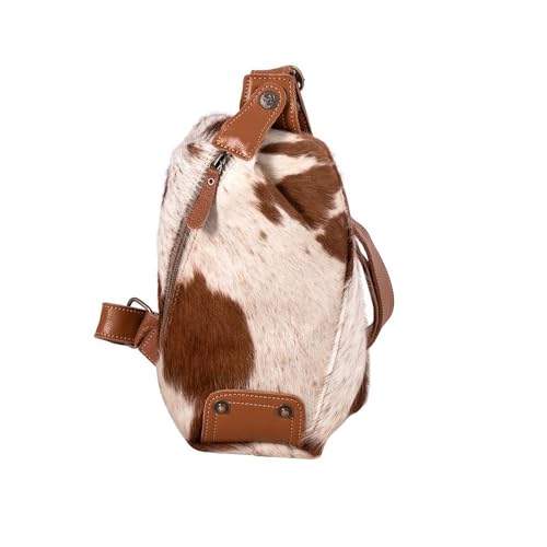 Myra Bag Sling Bag for Women - Western Upcycled Canvas Hairon Leather Crossbody - Caramel & White