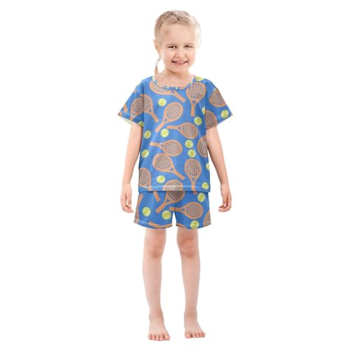 ALAZA Tennis Ball Blue Pajamas Set Short Sleeve Cotton Sleepwear Summer Pjs 2 Piece 5-14Y3