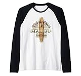 Grafica da surf vintage in stile retrò Malibu California con un look invecchiato ideale per turisti, turismo e locali..