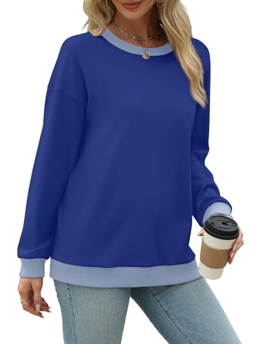 Image of Saloogoe Sweatshirts for Women Crewneck Long Sleeve Loose Fit Tops Color Block Ribbed Trim Fashion 2025