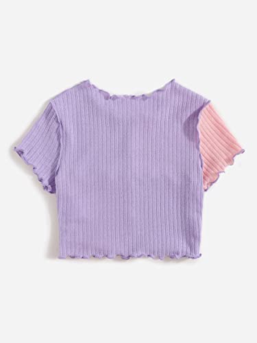 Image of Milumia Girl's Rib Knit Color Block Crop Tee Short Sleeve Lettuce Trim Crewneck Tshirt
