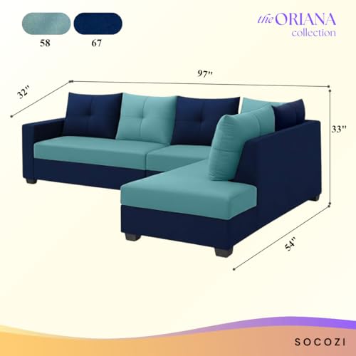 Image of SOCOZI Oriana 6 Seater RHS L Shape Sofa Set | Soft Velvet Suede Fabric | Modern Design | Plush Comfort Cushions for Living Room (Sky Blue-Dark Blue)