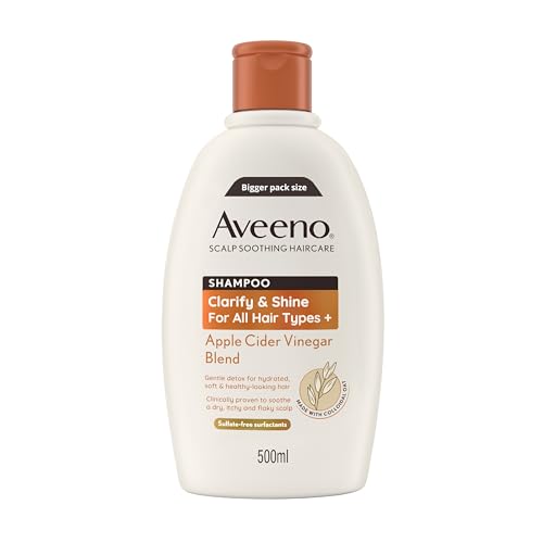 Aveeno Scalp Soothing Haircare Clarify & Shine Shampoo Apple Cider Vinegar Blend for All Hair Types Soothes Dry Itchy & Flaky Scalp Clinically Proven Sulfate Free 500ml