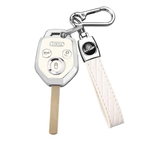 QBUC for Subaru Key Fob Cover with Keychain Soft TPU Protection Case Compatible with 2008-2019 Subaru Ascent BRZ Crosstrek Forester Impreza Legacy Outback Solterra WRX STI XV(Chrome Trim White)