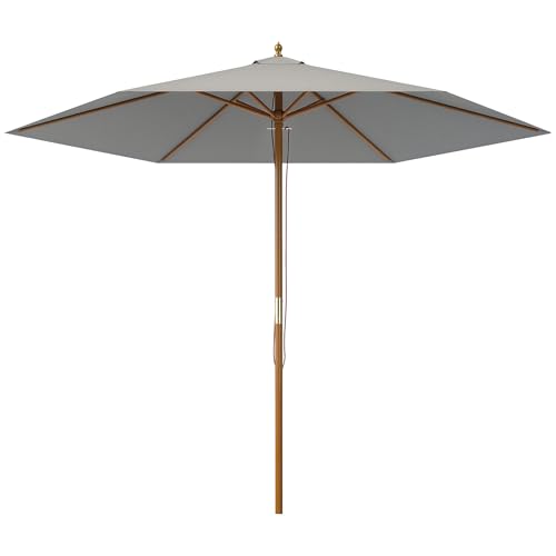 Outsunny 2.5m Wood Garden Parasol Sun Shade Patio Outdoor Wooden Umbrella Canopy, Table Market Umbrella with Vent, 38mm Pole, Rope Pulley Mechanism, Light Grey